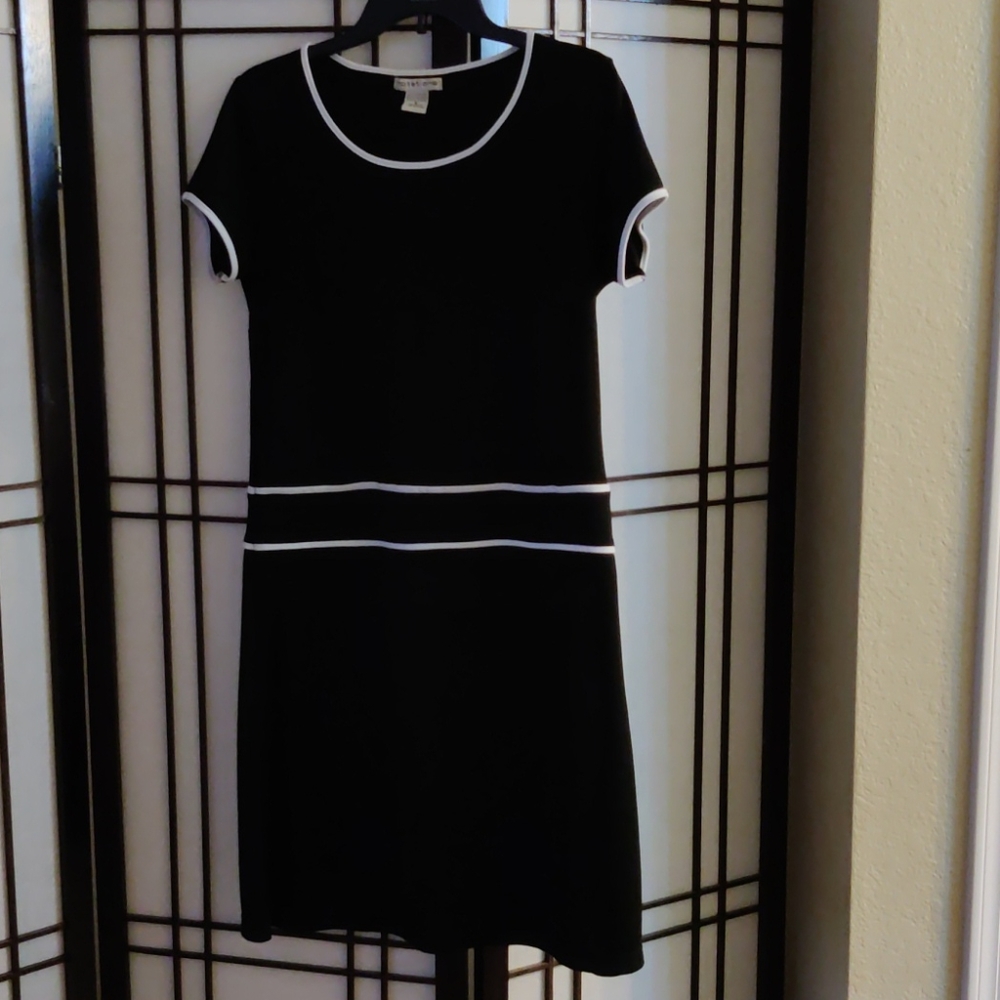 Black Dress with Round Collar and White Trim